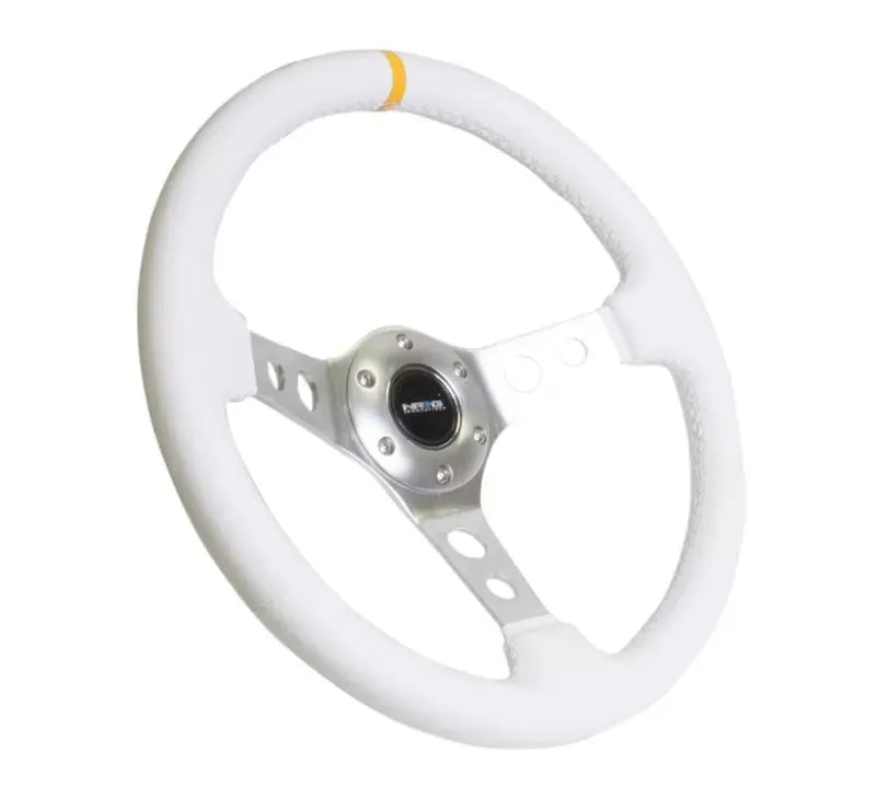 NRG Reinforced Sport Steering Wheel 350mm 3 Inch Deep Silver Spoke with White Leather finish White Stitch