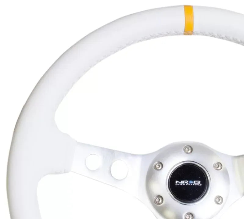 NRG Reinforced Sport Steering Wheel 350mm 3 Inch Deep Silver Spoke with White Leather finish White Stitch