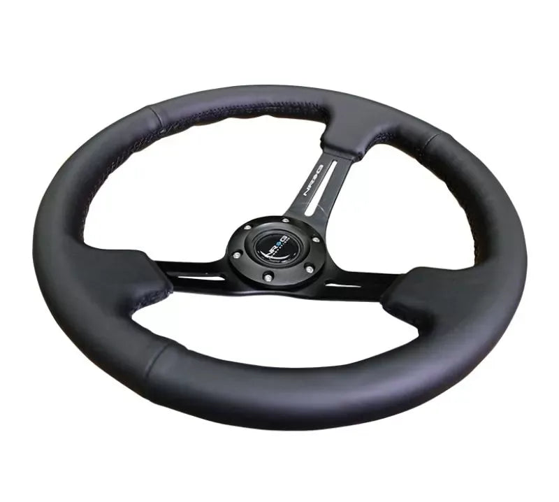 NRG Reinforced Sport Steering Wheel 350mm 3 Inch Deep Black Leather Black Stitching