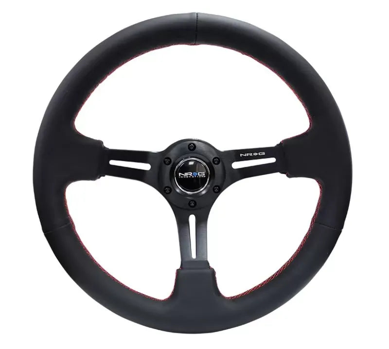 NRG Reinforced Sport Steering Wheel 350mm 3 Inch Deep Black Leather Red Stitching
