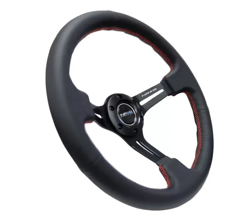NRG Reinforced Sport Steering Wheel 350mm 3 Inch Deep Black Leather Red Stitching
