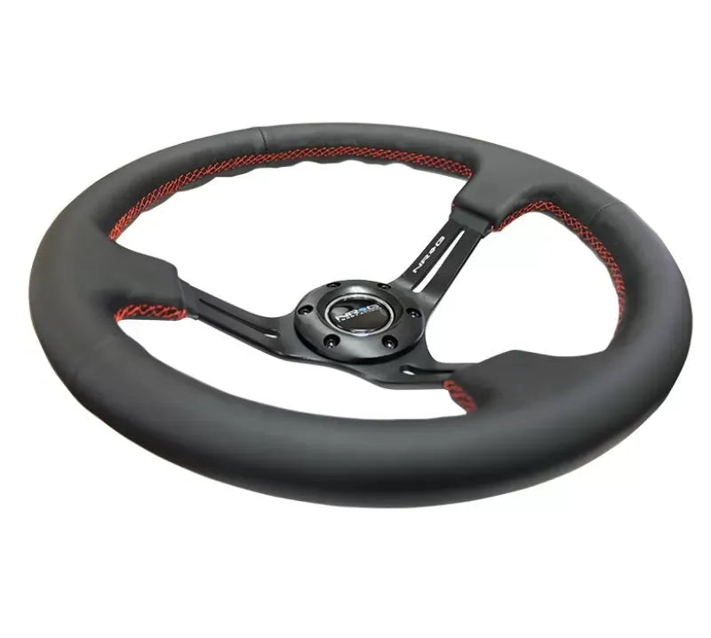 NRG Reinforced Sport Steering Wheel 350mm 3 Inch Deep Black Leather Red Stitching