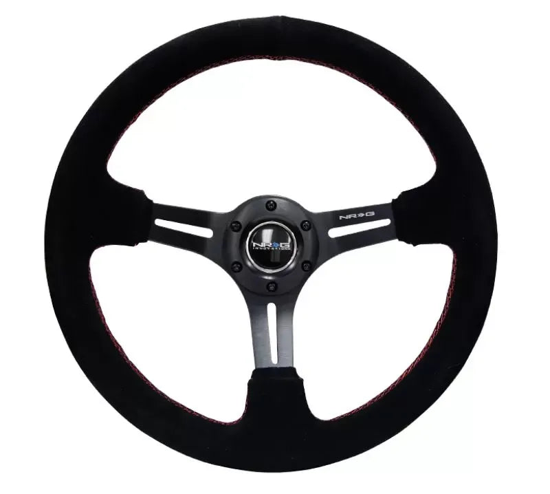 NRG Reinforced Sport Steering Wheel 350mm SUEDE 3 Inch Deep Black Leather with Red Stitch