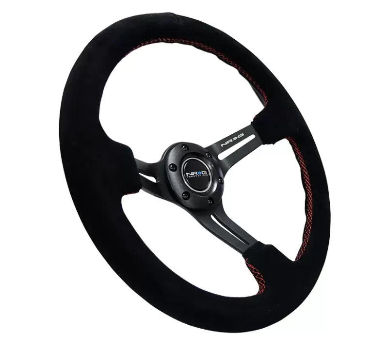 NRG Reinforced Sport Steering Wheel 350mm SUEDE 3 Inch Deep Black Leather with Red Stitch