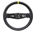 NRG Reinforced Sport Steering Wheel 350mm NRG Arrow cut out 2-Spoke Leather 3 Inch Deep Black Suede Yellow Center Marking