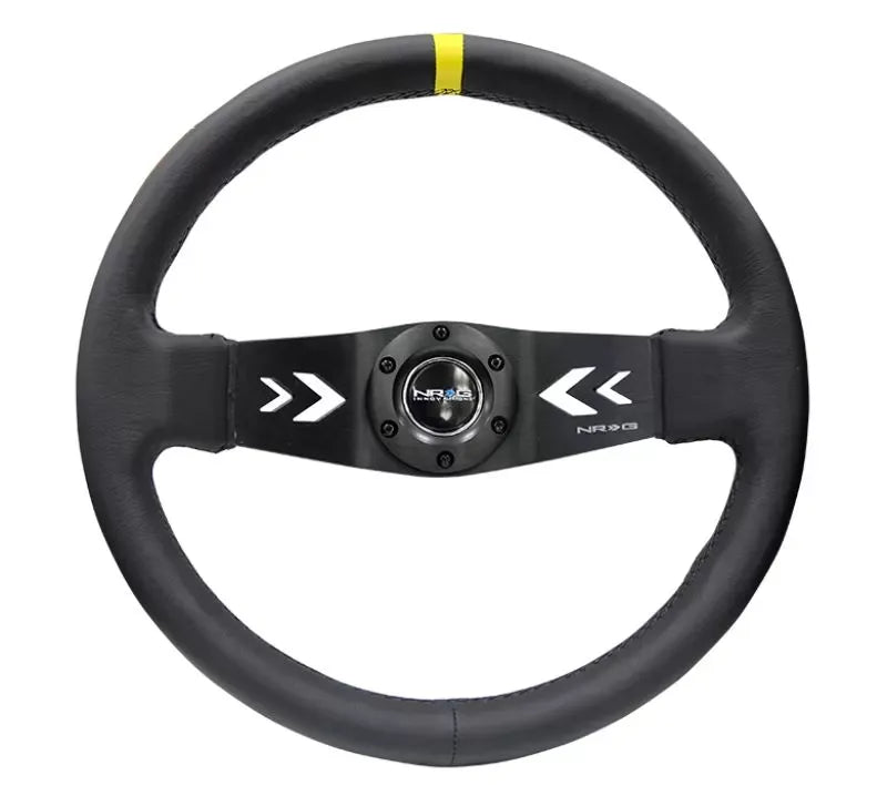 NRG Reinforced Sport Steering Wheel 350mm NRG Arrow cut out 2-Spoke Leather 3 Inch Deep Black Suede Yellow Center Marking