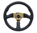 NRG Reinforced Steering Wheel 350mm Sport Leather Racing 2.5 Inch Deep Comfort Grip 4mm metal gold spoke