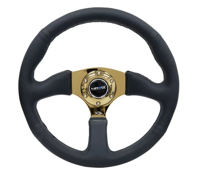 NRG Reinforced Steering Wheel 350mm Sport Leather Racing 2.5 Inch Deep Comfort Grip 4mm metal gold spoke