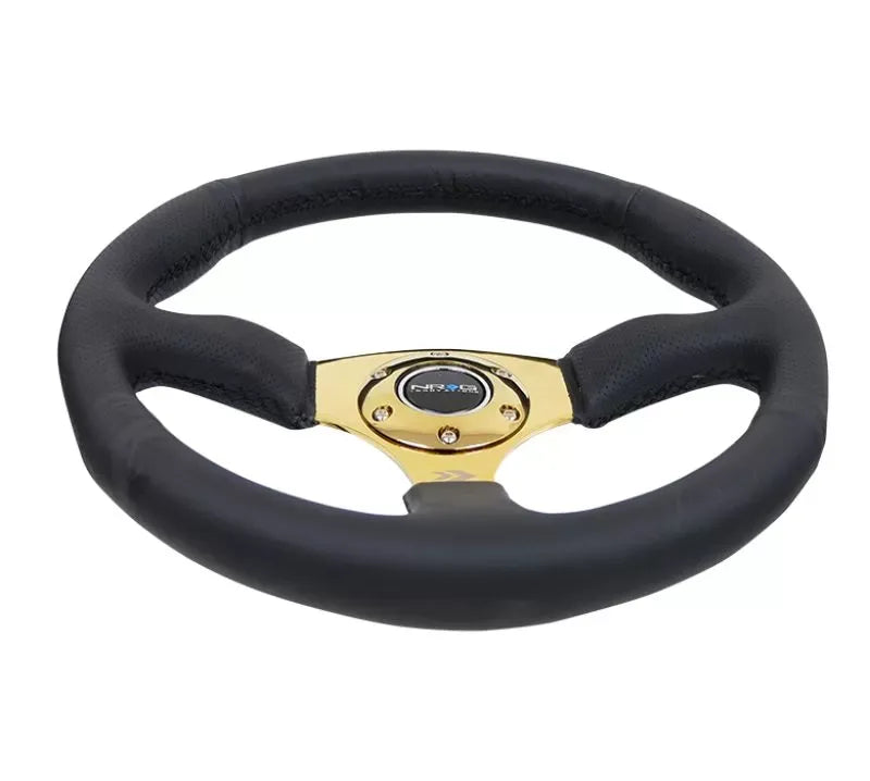 NRG Reinforced Steering Wheel 350mm Sport Leather Racing 2.5 Inch Deep Comfort Grip 4mm metal gold spoke