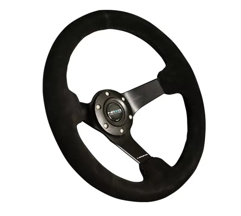 NRG Reinforced Steering Wheel 330mm Sport Suede Racing 3 Inch Deep Comfort Grip 4mm matte black spoke with criss cross s