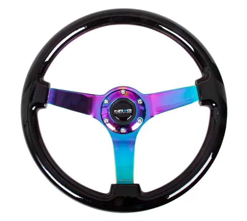NRG Reinforced Steering Wheel 350mm Classic Black wood Grain Wheel 3 Inch Deep 3-Spoke Center Neochrome