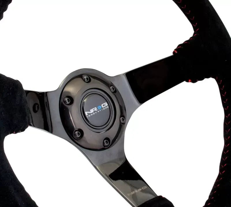 NRG Reinforced Sport Steering Wheel 350mm 3 Inch Deep black Suede with red Baseball Stitching Black Spoke