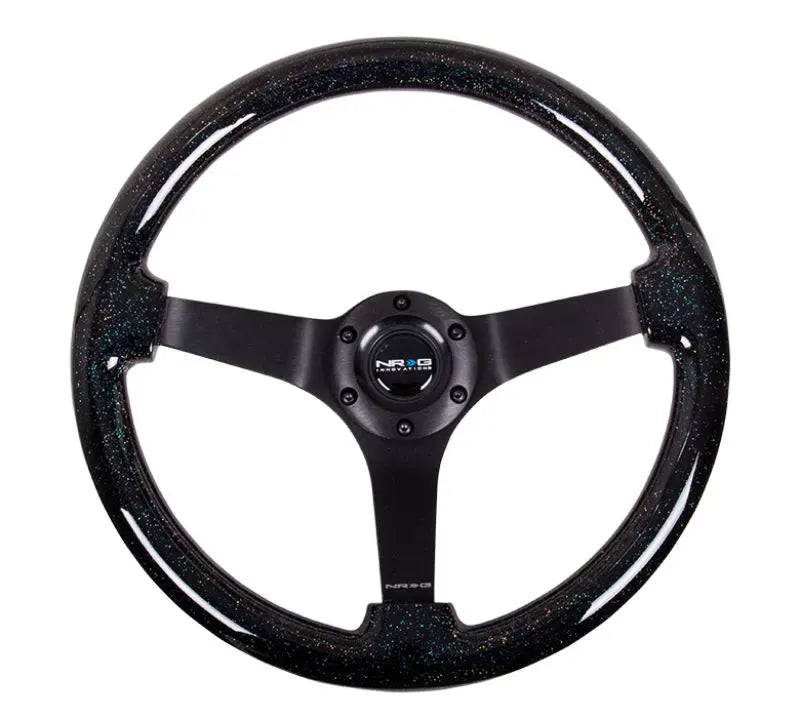 NRG Reinforced Steering Wheel 350mm Classic Black Sparkled Wood Grain Wheel 3 Inch Deep 4mm3-Spoke Center Black