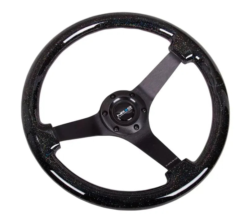 NRG Reinforced Steering Wheel 350mm Classic Black Sparkled Wood Grain Wheel 3 Inch Deep 4mm3-Spoke Center Black