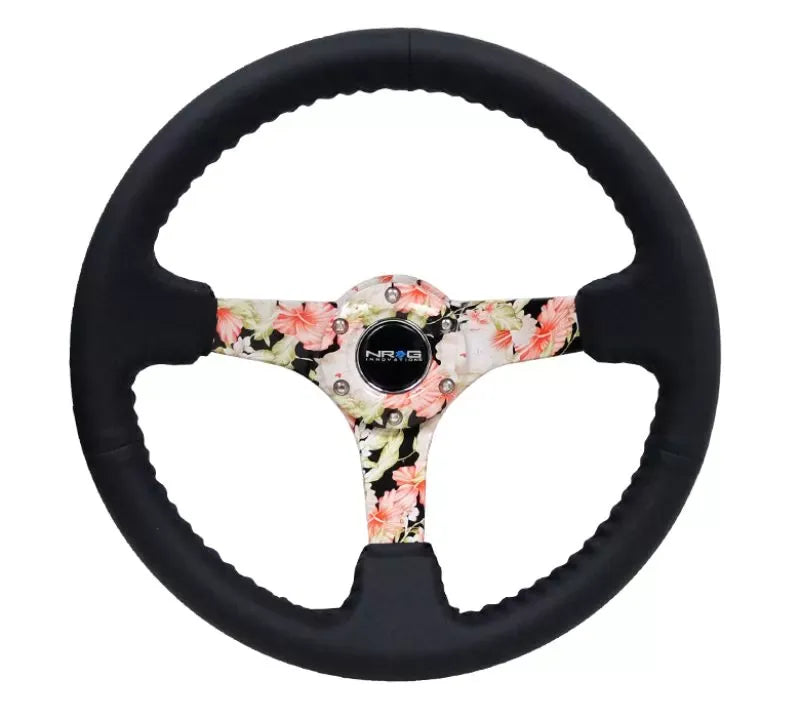 NRG Reinforced Sport Steering Wheel 350mm 3 Inch Deep Hydro Dipped Tropical Floral 5mm spoke Black Leather Black Baseball Stitching