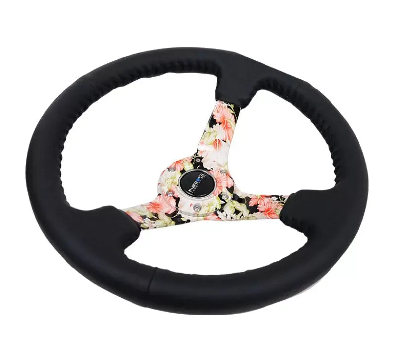 NRG Reinforced Sport Steering Wheel 350mm 3 Inch Deep Hydro Dipped Tropical Floral 5mm spoke Black Leather Black Baseball Stitching