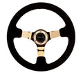 NRG Reinforced Sport Steering Wheel 350mm 3 Inch Deep black Suede with red Baseball Stitching Chrome Gold Spoke