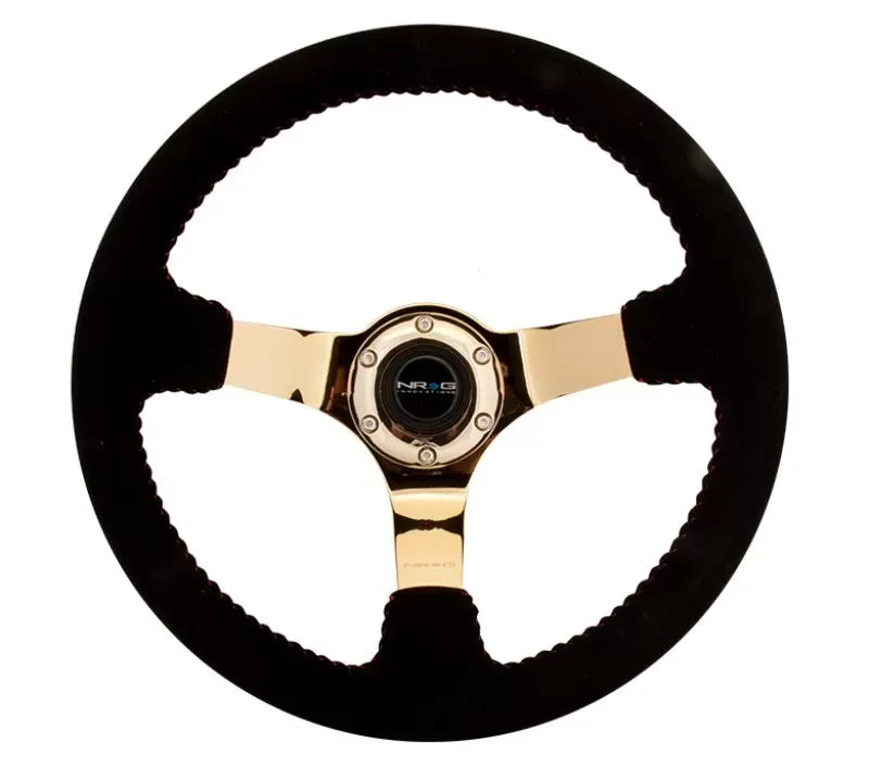 NRG Reinforced Sport Steering Wheel 350mm 3 Inch Deep black Suede with red Baseball Stitching Chrome Gold Spoke