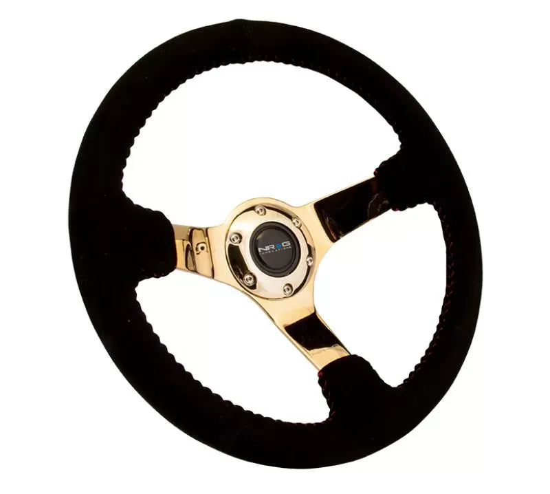 NRG Reinforced Sport Steering Wheel 350mm 3 Inch Deep 4mm Black Leather Red Baseball Stitch Gold spoke