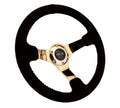NRG Reinforced Sport Steering Wheel 350mm 3 Inch Deep 4mm Black Leather Red Baseball Stitch Gold spoke