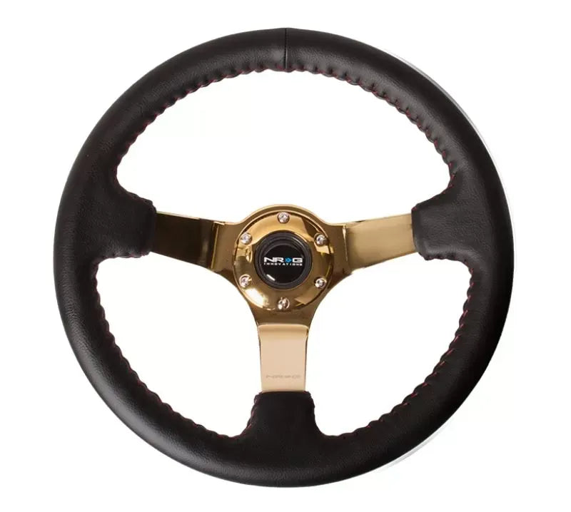 NRG Reinforced Sport Steering Wheel 350mm 3 Inch Deep 4mm Black Leather Red Baseball Stitch Gold spoke