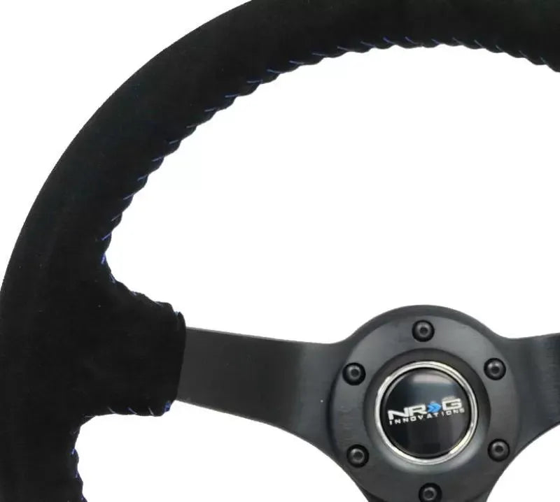 NRG Reinforced Sport Steering Wheel 350mm 3 Inch Deep 5mm Matte Black Spoke Black Suede Blue Baseball Stitching