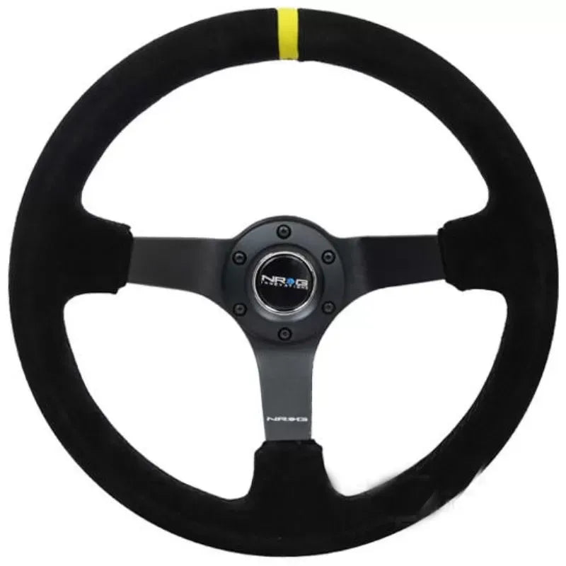 NRG Reinforced Sport Steering Wheel 350mm 3 Inch Deep 5mm Matte Black Spoke Black suede Black criss cross stitching and Yellow Center Mark
