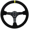 NRG Reinforced Sport Steering Wheel 350mm 3 Inch Deep 5mm Matte Black Spoke Black suede Black criss cross stitching and Yellow Center Mark