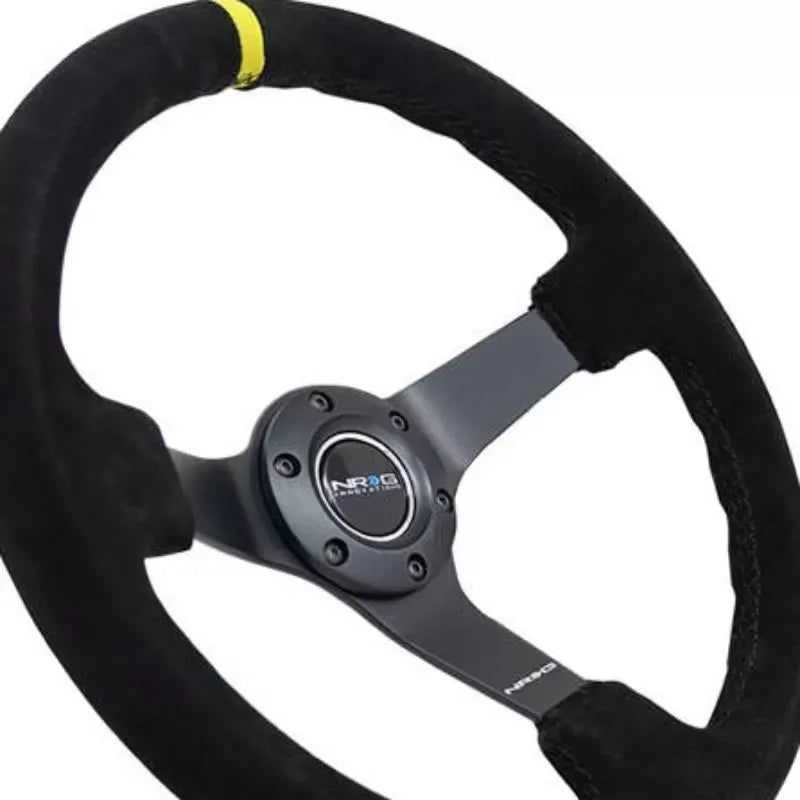 NRG Reinforced Sport Steering Wheel 350mm 3 Inch Deep 5mm Matte Black Spoke Black suede Black criss cross stitching and Yellow Center Mark