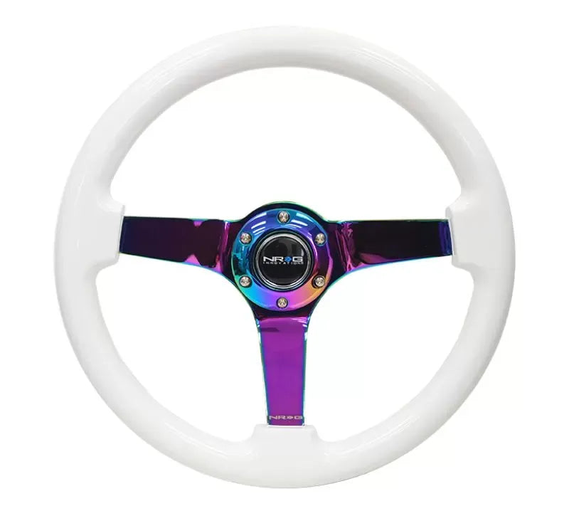 NRG Reinforced Steering Wheel 350mm Classic White Wood Grain Wheel 3 Inch Deep 4mm 3-Spoke Center Neochrome
