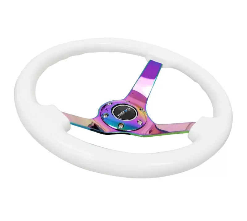 NRG Reinforced Steering Wheel 350mm Classic White Wood Grain Wheel 3 Inch Deep 4mm 3-Spoke Center Neochrome