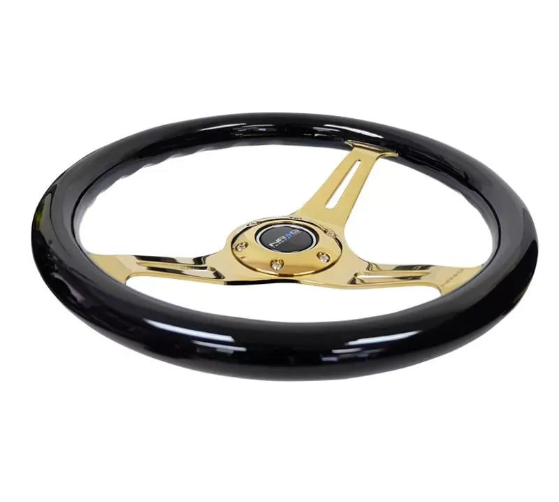 NRG Classic Wood Grain Steering Wheel 350mm Chrome Gold 3-Spokes Black Grip