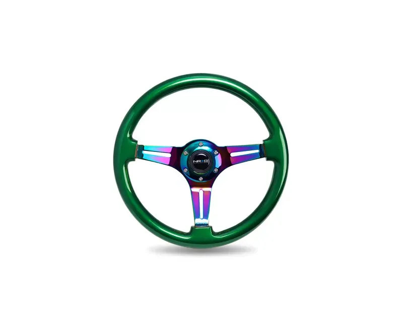 NRG Green Pearl Flake Paint 3 Neochrome Spokes 350mm Classic Wood Grain Wheel Universal