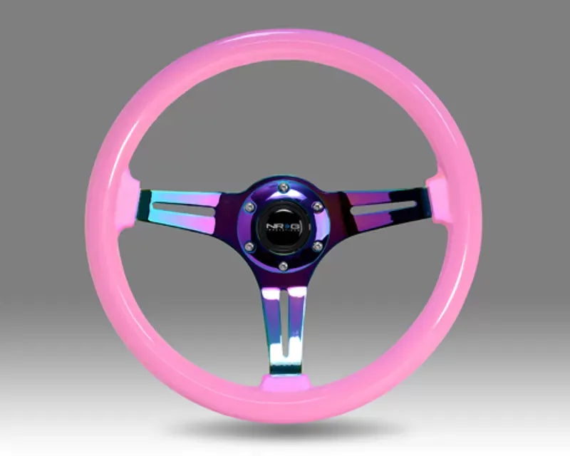 NRG Solid Pink Painted Grip 3 Neochrome Spokes 350mm Classic Wood Grain Wheel Universal