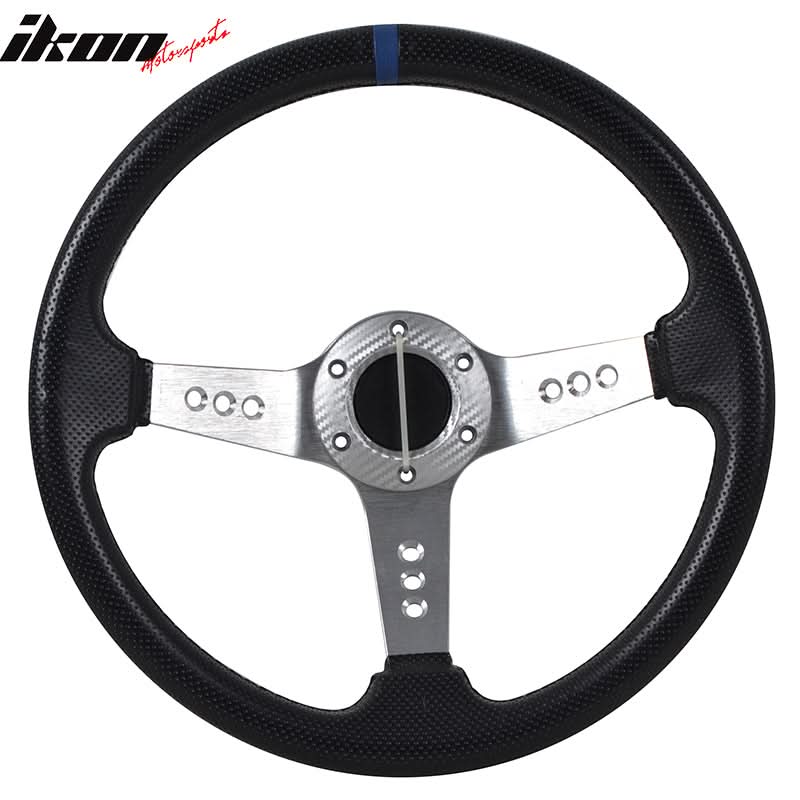 350MM 6 Hole Steering Wheel Deep Dish Silver Spoke Horn & Emblem PVC
