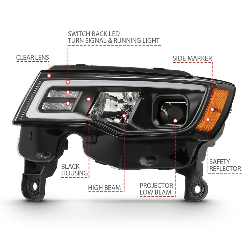 ANZO 2017-2018 Jeep Grand Cherokee Projector Headlights w/ Plank Style Switchback - Black w/ Amber 111418