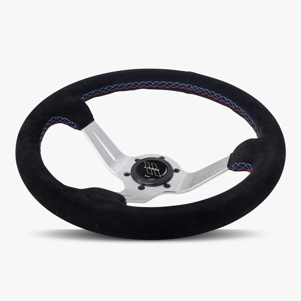 The Le Mans | Black Alcantara Suede | Silver Spoke | Bavarian Stitch